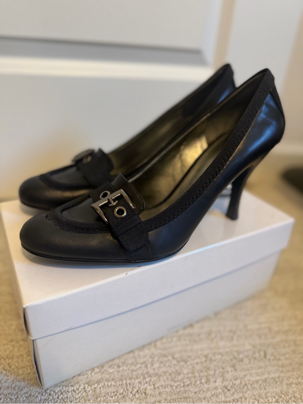 Nine West Black Leather Buckle Pumps